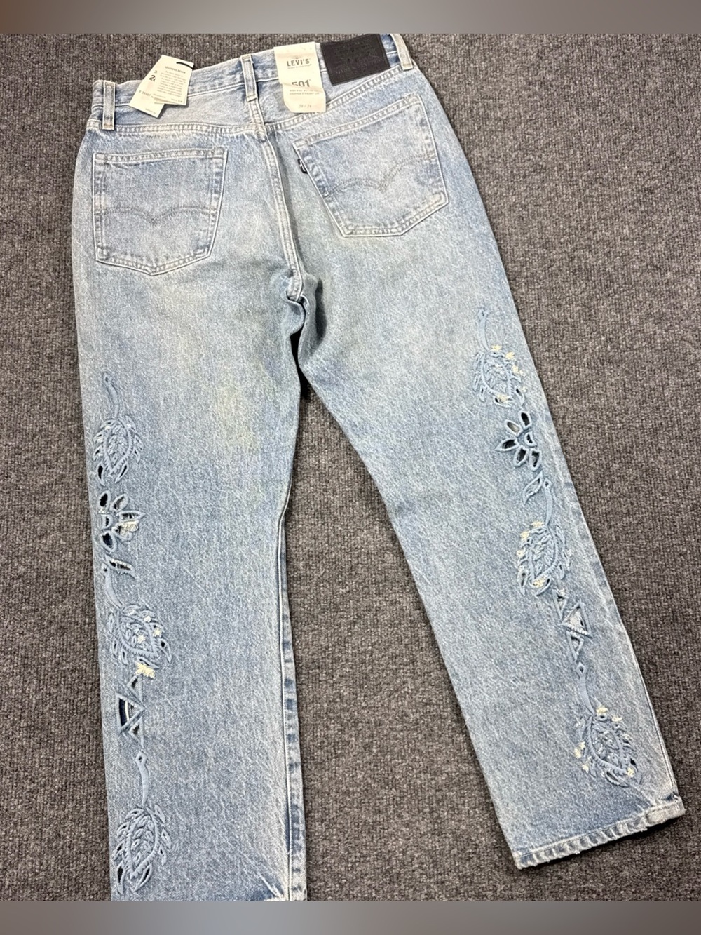 Levis 501 Selvedge Laser Cut Embroidered Crop 28x26 High Rise Button Fly Big E